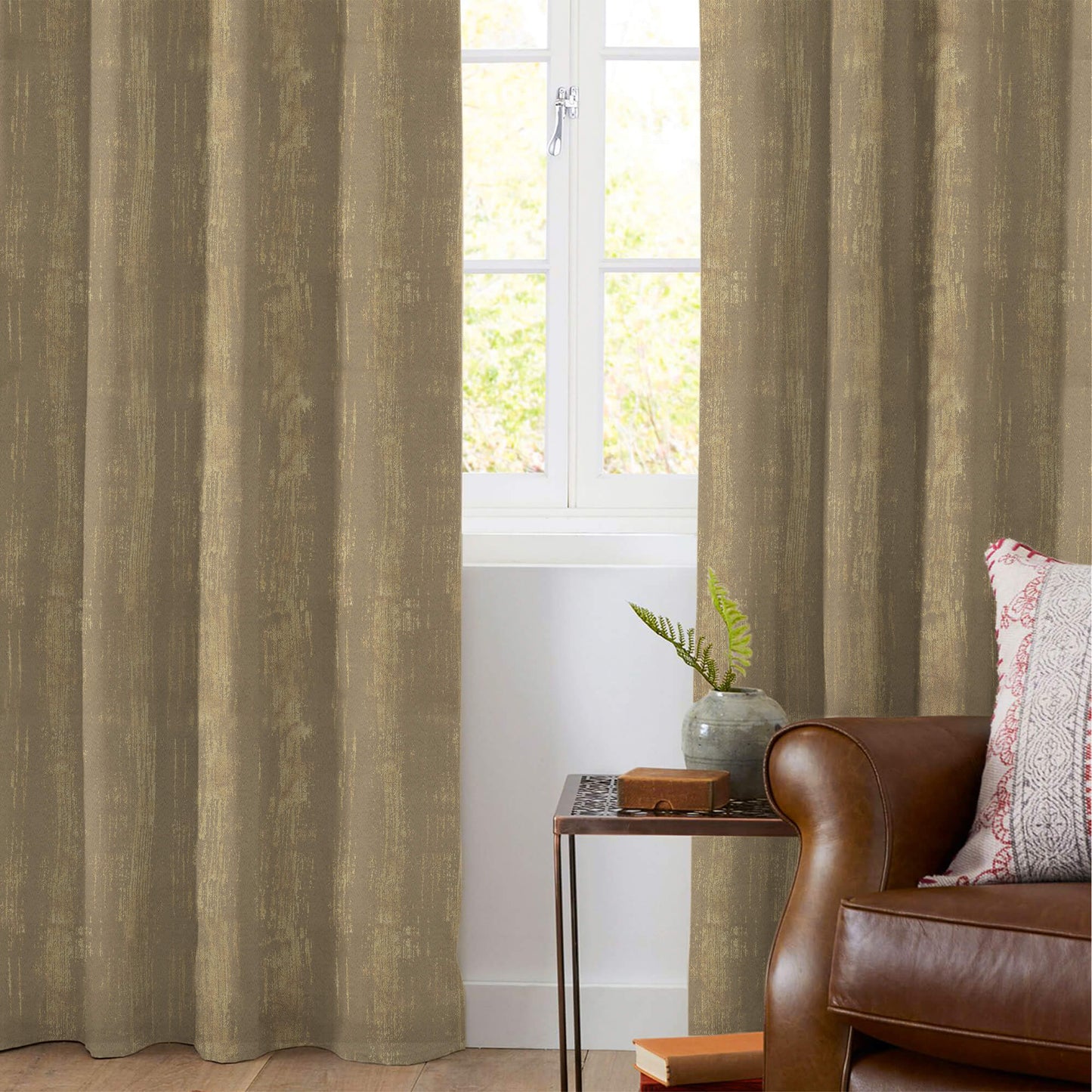 Sandrift Grey Texture Pattern Golden Foil Premium Curtain Fabric (Width 54 Inches)