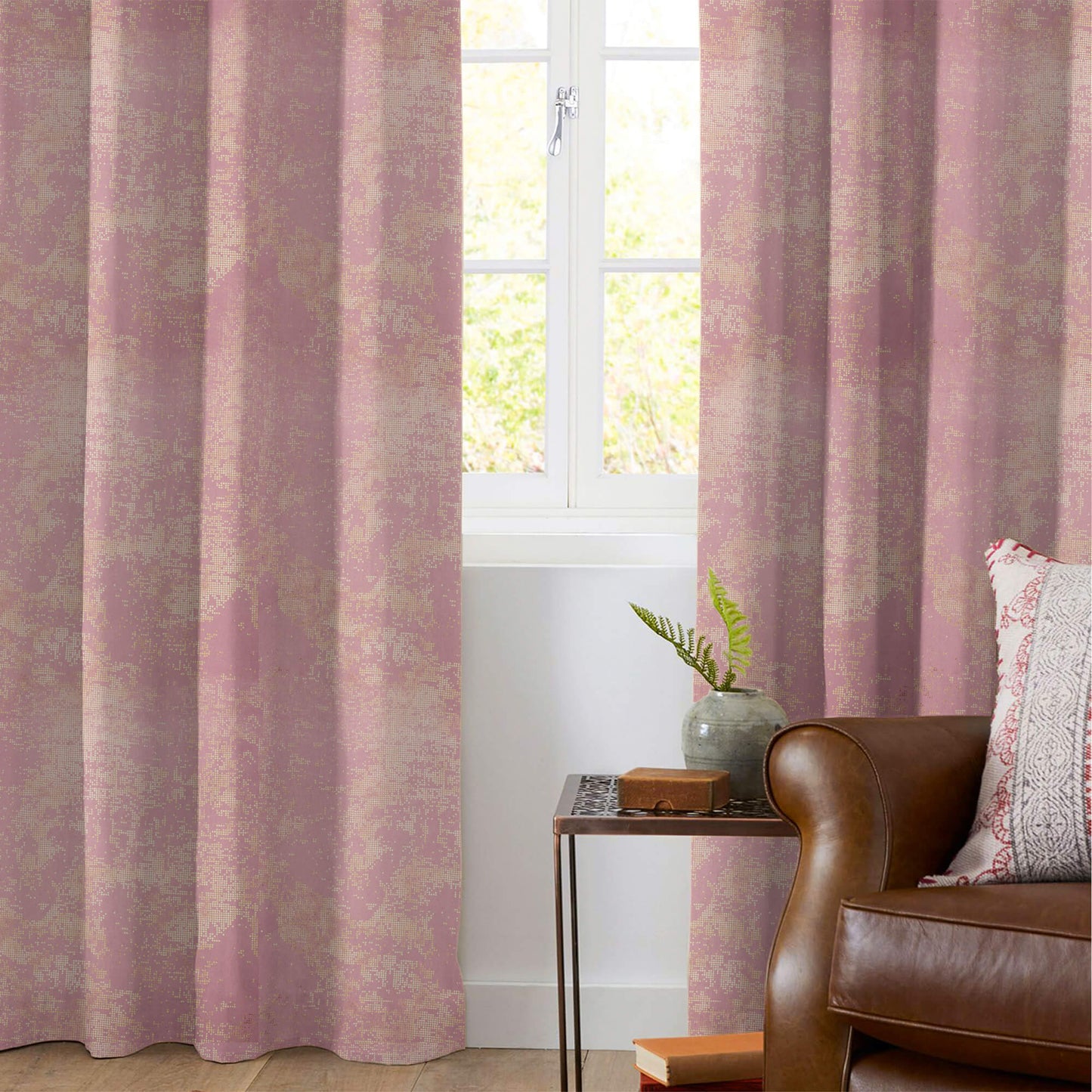 Oyster Pink Golden Dots Geometric Pattern Premium Curtain Fabric (Width 54 Inches)