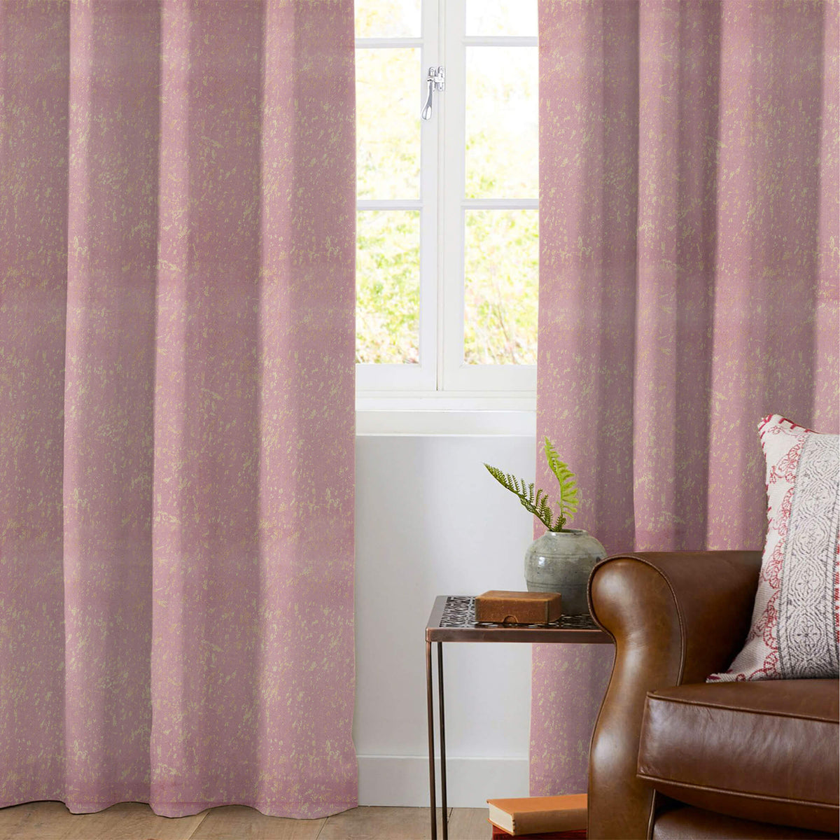 Oyster Pink Abstract Pattern Golden Foil Premium Curtain Fabric (Width 54 Inches)