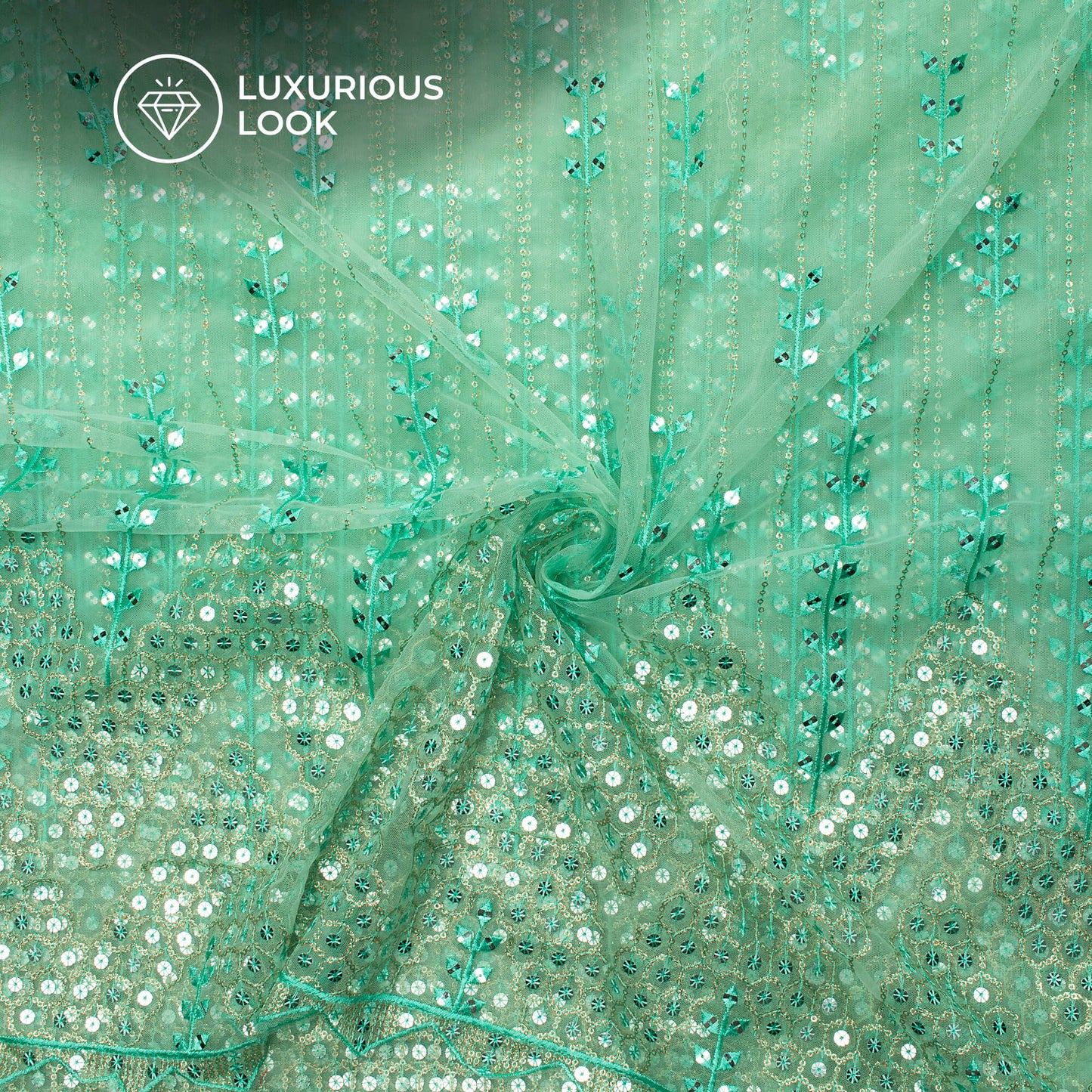 Emerald Green Thread And Sequins Daman Heavy Embroidery Work On Soft Net Fabric