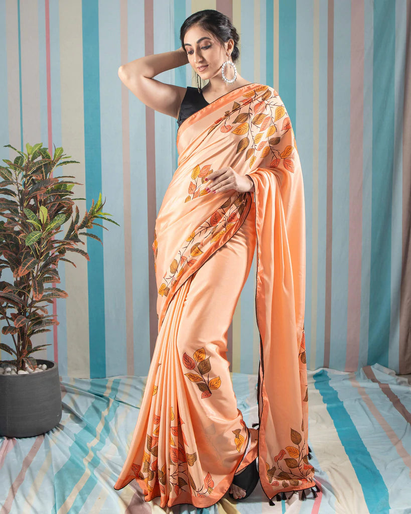Salmon Peach And Army Green Leaf Pattern Digital Print Crepe Silk Saree With Tassels