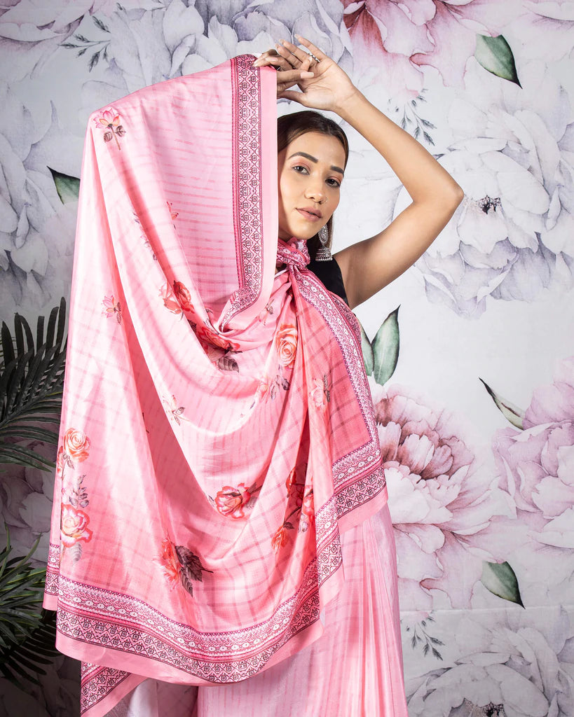Taffy Pink Floral Pattern Digital Print Crepe Silk Saree