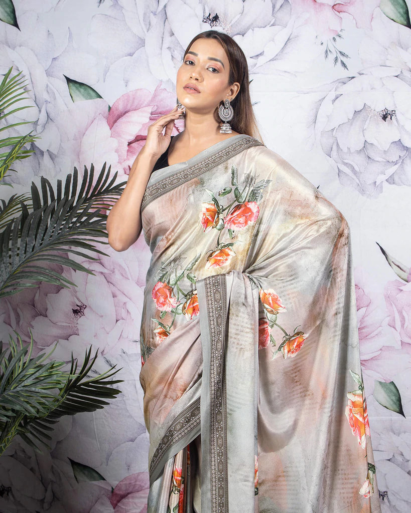 Grey And Pink Floral Pattern Digital Print Crepe Silk Saree