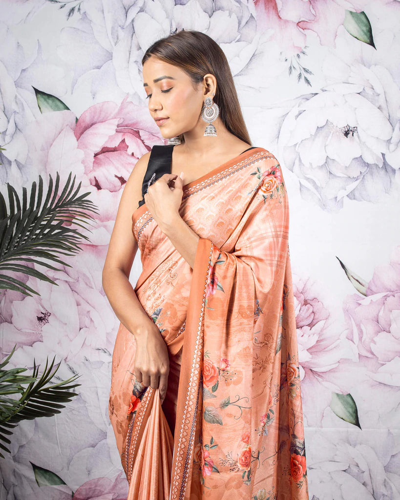 Sandy Brown And Pink Floral Pattern Digital Print Crepe Silk Saree