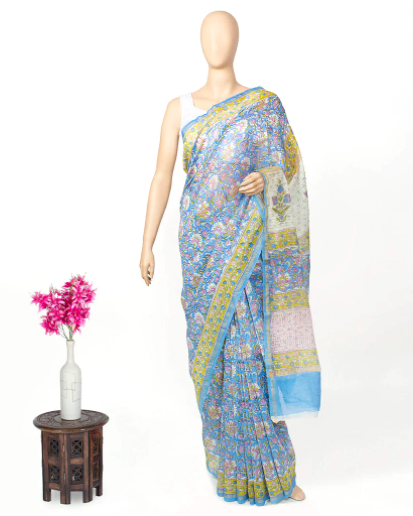 Sapphire Blue And Iris Purple Floral Pattern Handblock Zari Bordered With Heavy Pallu Pure Chanderi Saree