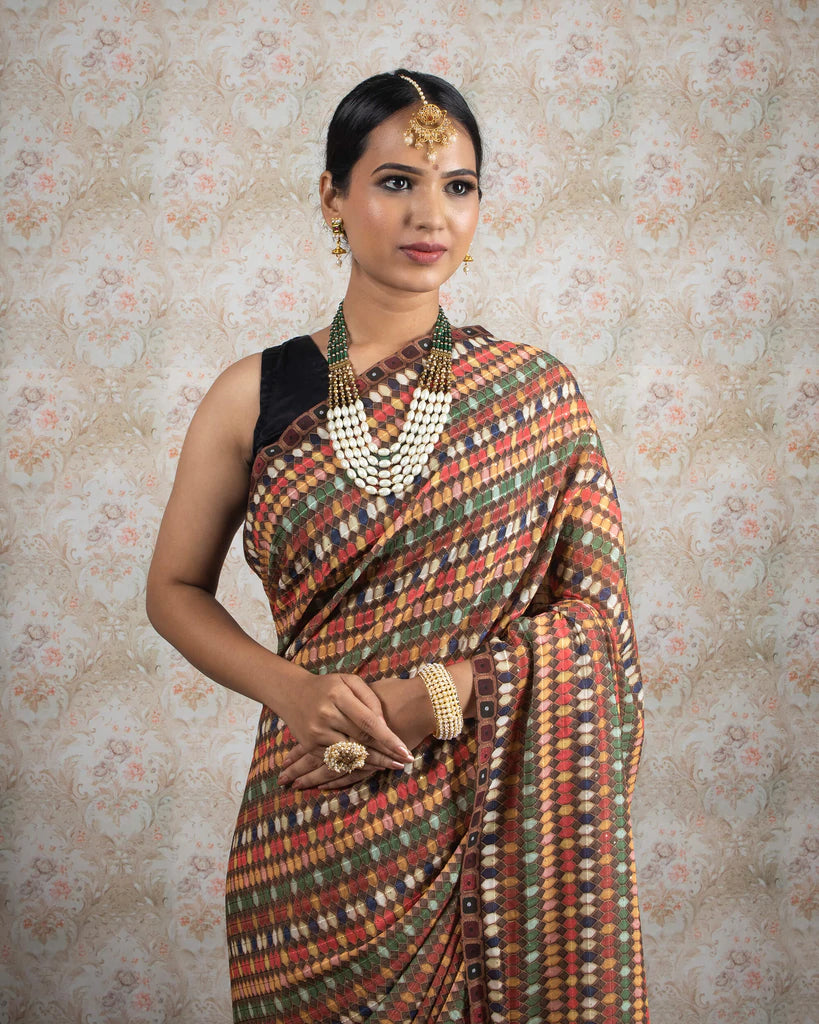 Multi-Color Geometric Pattren Sequins Georgette Saree With Tassels