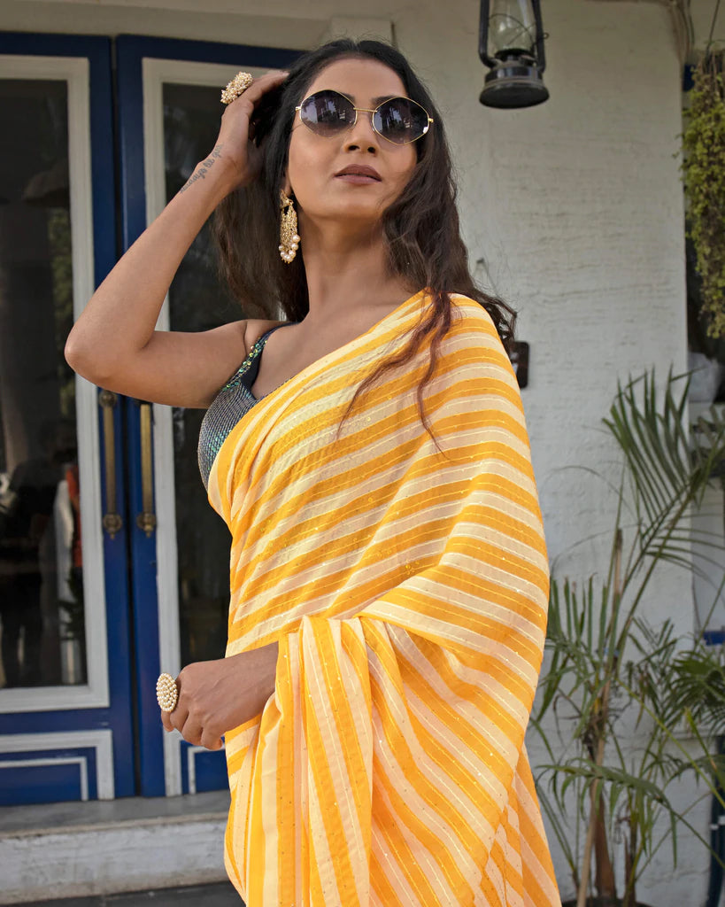 Honey Yellow Stripes Pattern Premium Sequins Georgette Saree