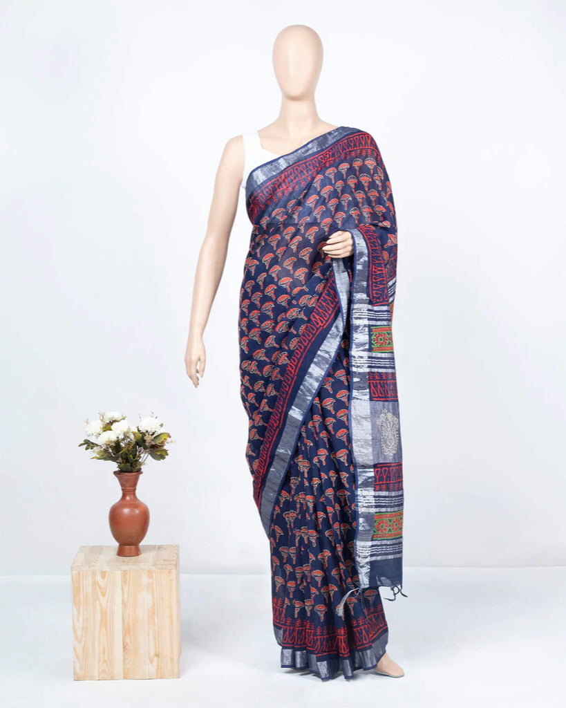 Prussian Blue And Red Booti Pattern Handblock Zari Bordered With Heavy Pallu Cotton By Linen Saree