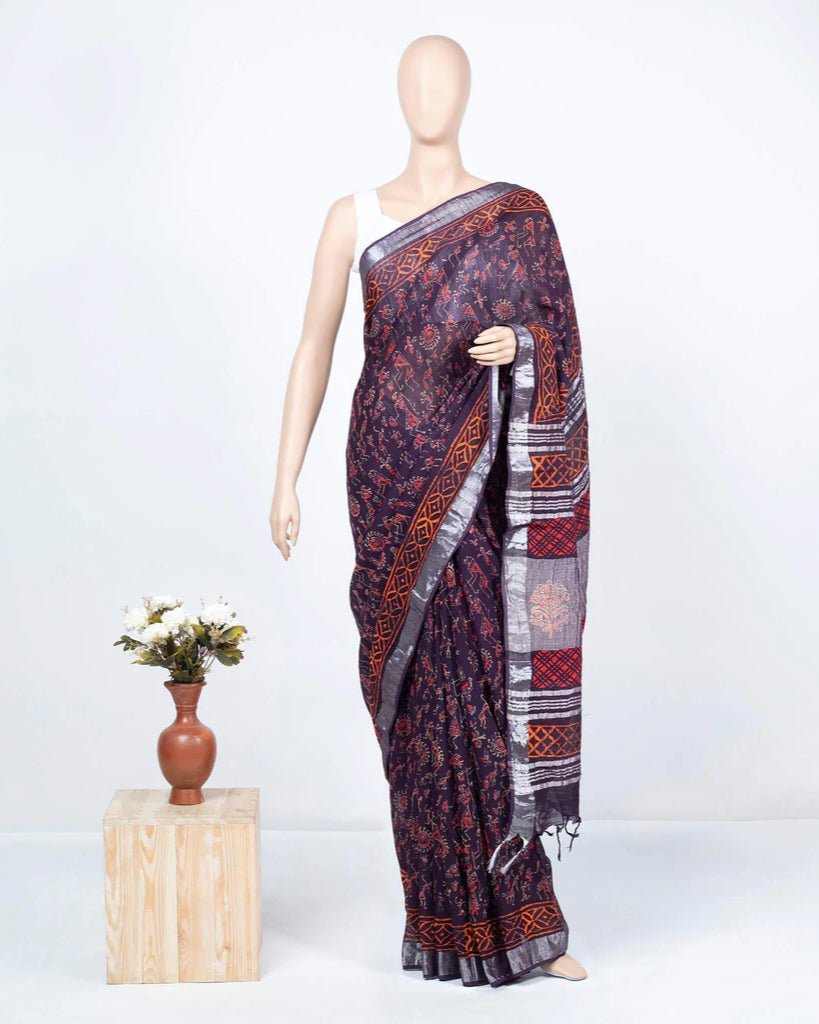 Eggplant Purple And Red Quirky Pattern Handblock Zari Bordered With Heavy Pallu Cotton By Linen Saree