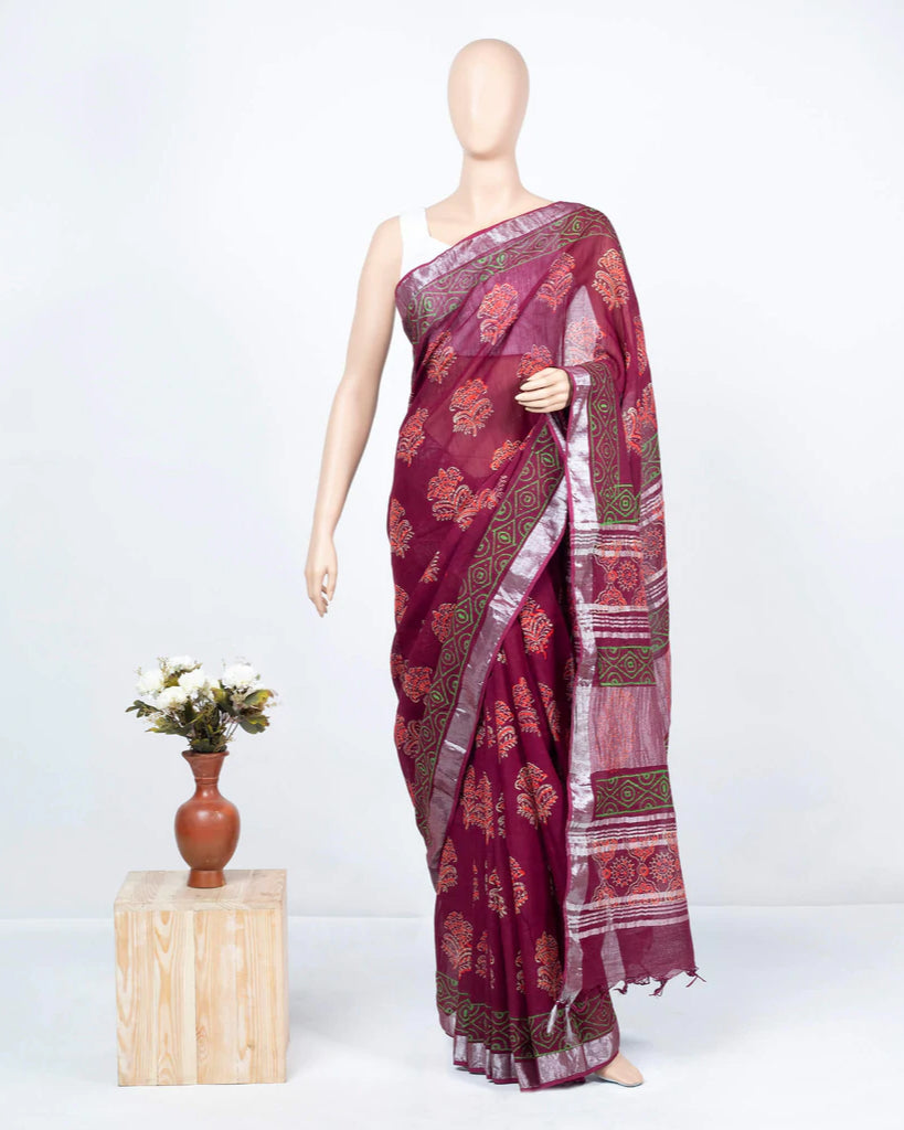 Mulberry Purple And Red Floral Pattern Handblock Zari Bordered With Heavy Pallu Cotton By Linen Saree With Blouse