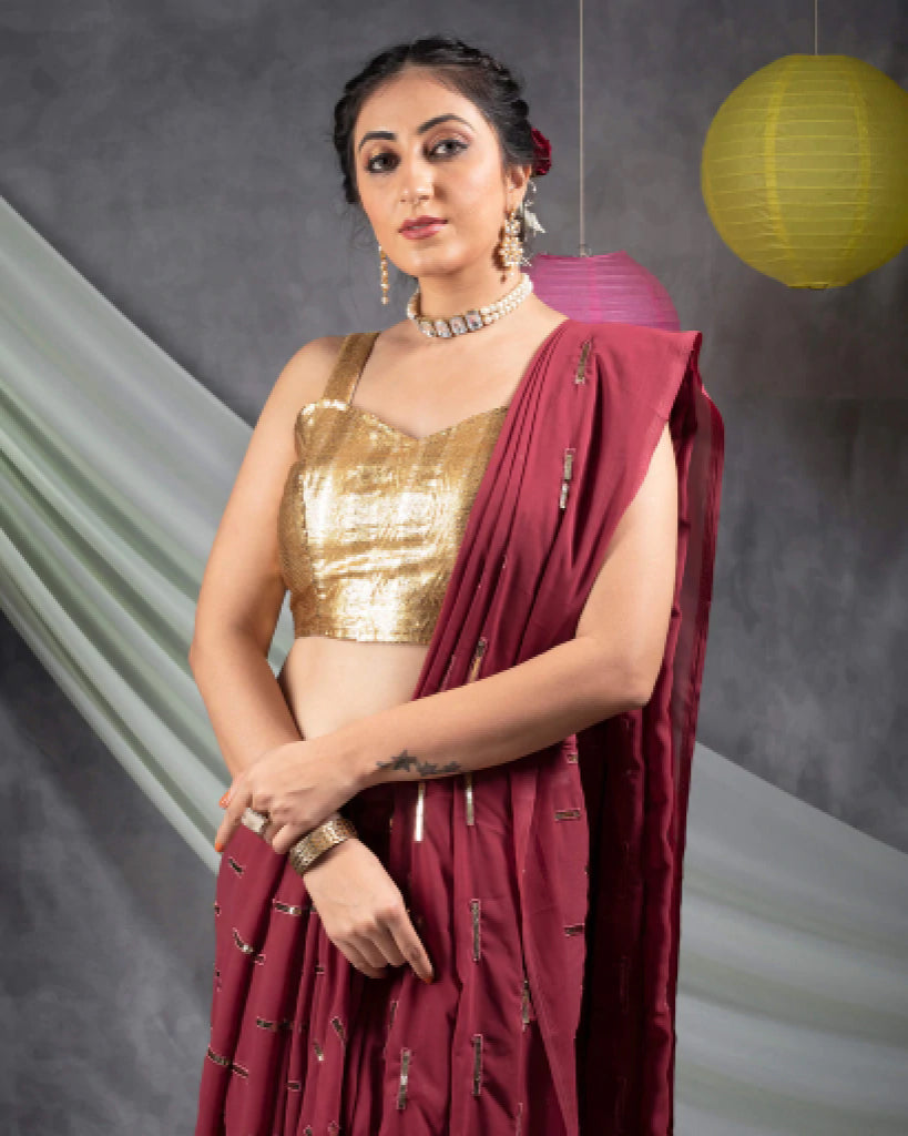 Maroon Stripes Pattern Sequins Embroidery Georgette Saree