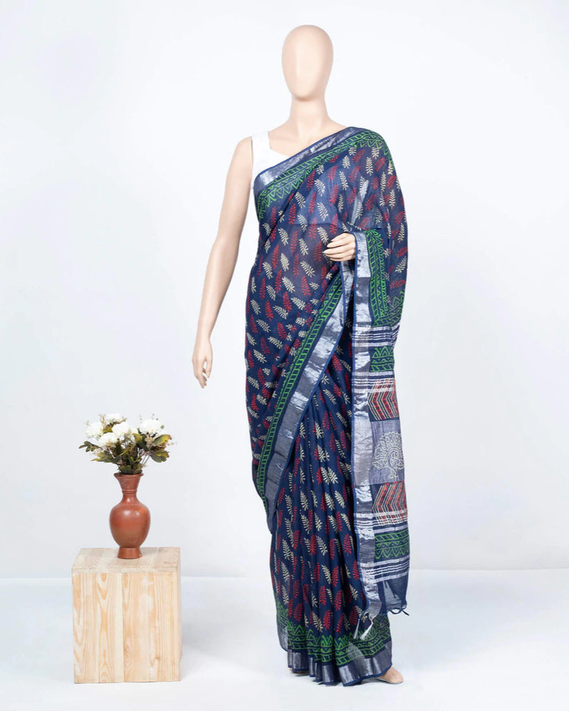 Prussian Blue And Cream Leaf Pattern Handblock Zari Bordered With Heavy Pallu Cotton By Linen Saree