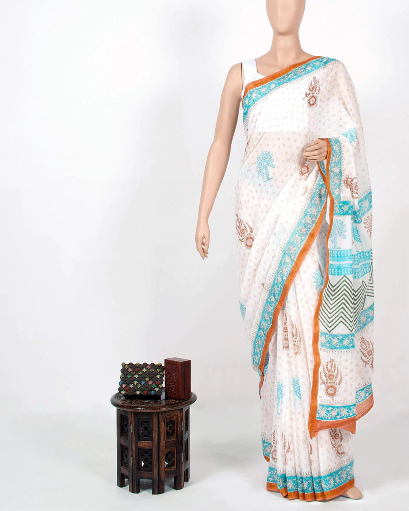White And Burnt Orange Booti Pattern Handblock Zari Bordered Cotton Mulmul Saree With Blouse