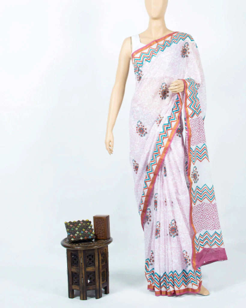 White And Heather Purple Floral Pattern Handblock Zari Bordered Cotton Mulmul Saree