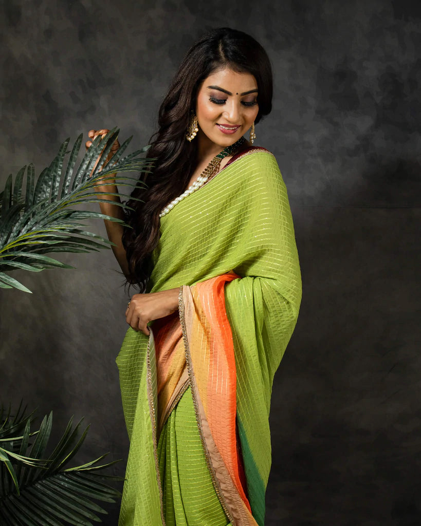 Green And Red Ombre Pattern Premium Sequins Georgette Saree With Stone Work Lace Border