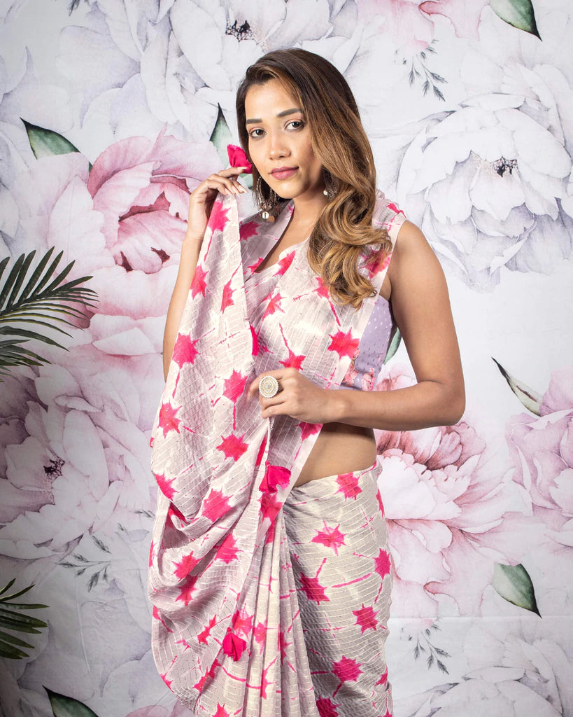 Fuchsia And Beige Tye And Dye Pattern Sequins Georgette Saree With Tassels