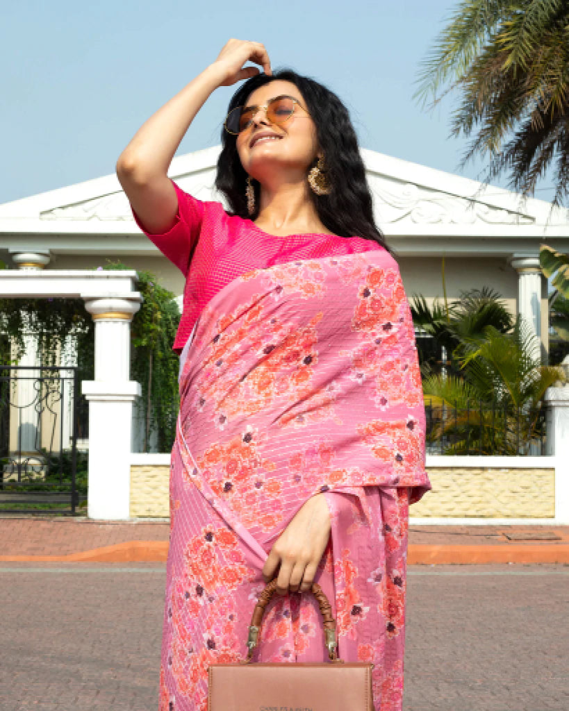 Rose Pink and Orange Floral Pattern Premium Sequins Georgette Saree