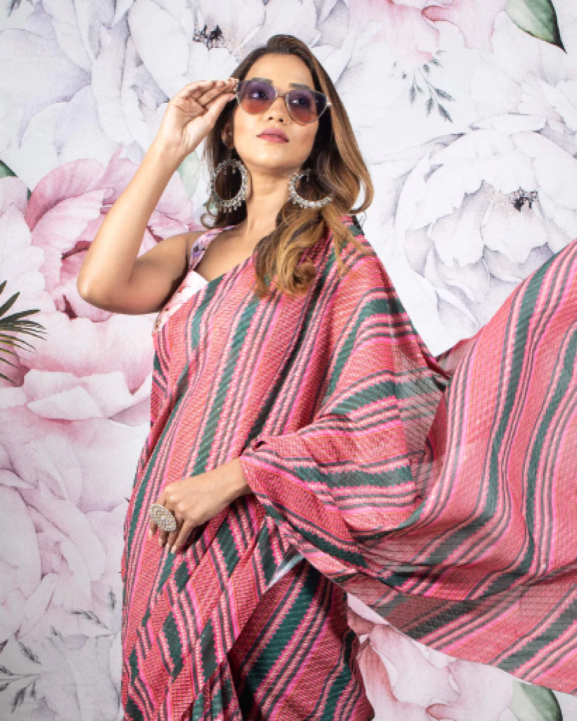 Red And Green Stripes Pattern Sequins Georgette Saree With Tassels