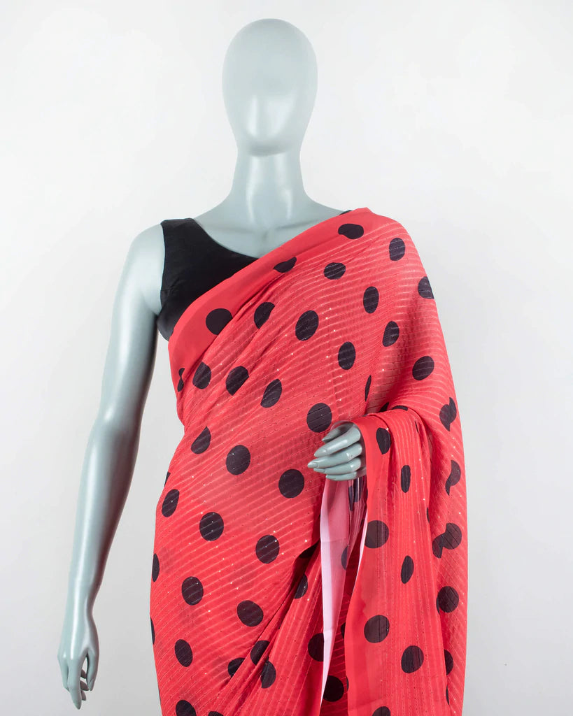 Red And Black Polka Dots Pattern Premium Sequins Georgette Saree With Tassels