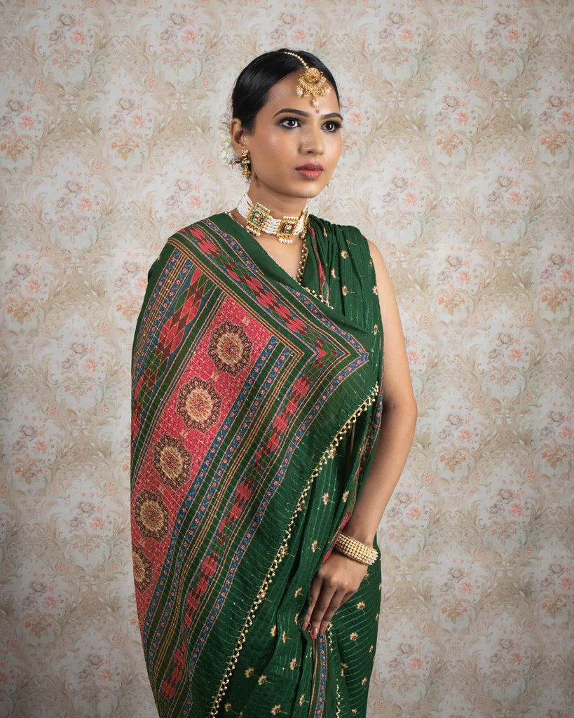 Bottle Green And Maroon Floral Pattren Sequins Georgette Saree With Tubular Beads Pearl Work Lace Border