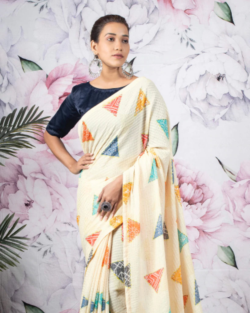 Oat Beige And Red Geometric Pattern Sequins Georgette Saree With Satin Border