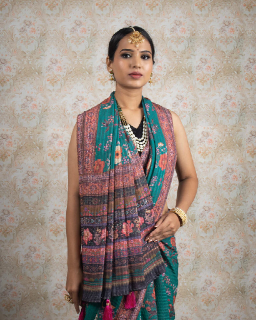 Sea Green And Pink Floral Pattren Sequins Georgette Saree With Tassels