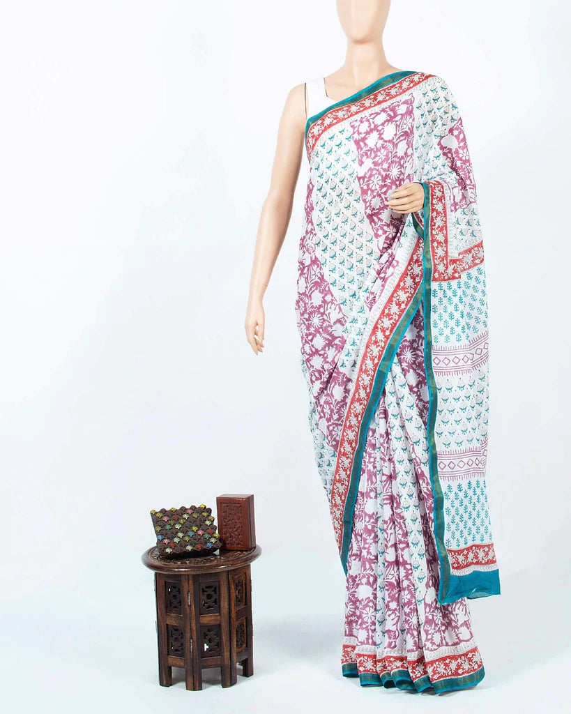 White And Teal Blue Floral Pattern Handblock Zari Bordered Cotton Mulmul Saree