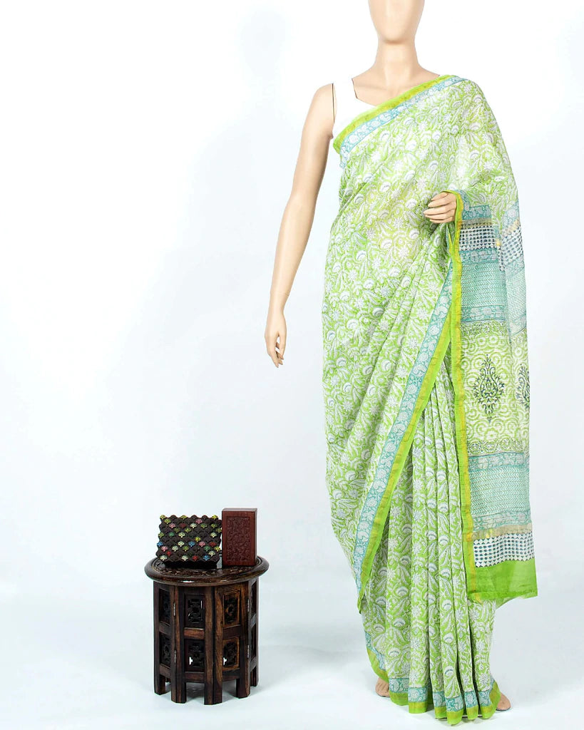 White And Pear Green Floral Pattern Handblock Zari Bordered With Heavy Pallu Pure Chanderi Saree