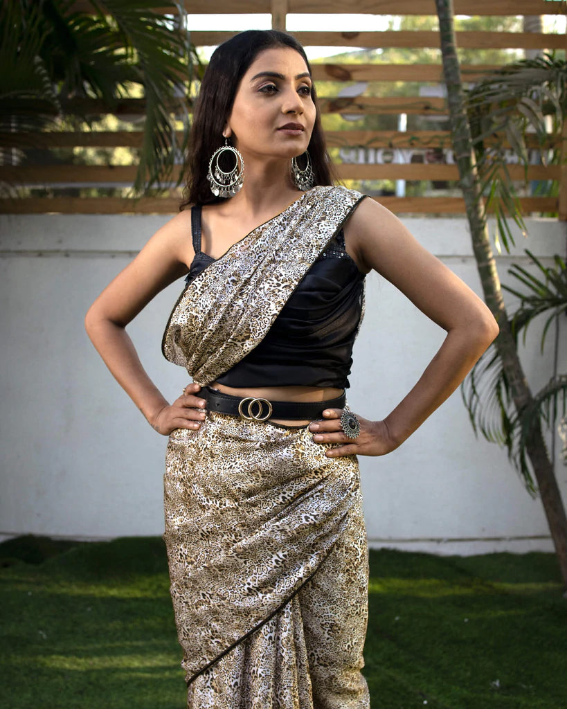 Black Animal Pattern Digital Print Crepe Silk Saree With Lace Border