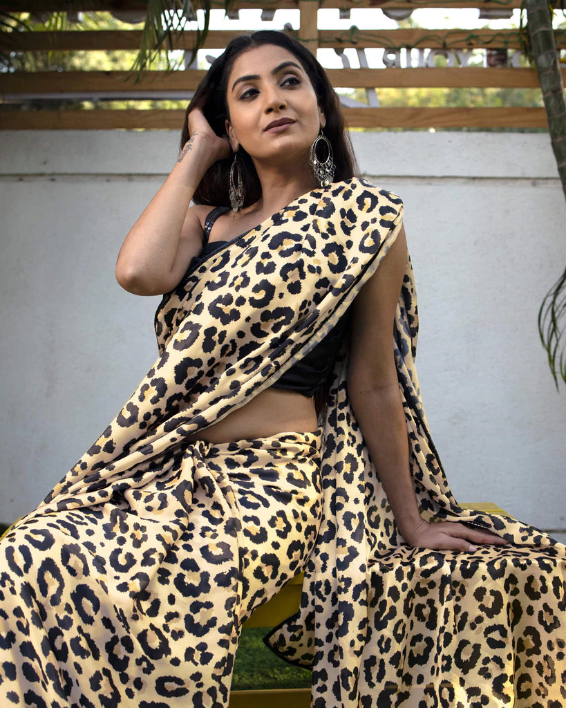 Black and Beige Animal Pattern Digital Print Georgette Satin Saree With Lace Border