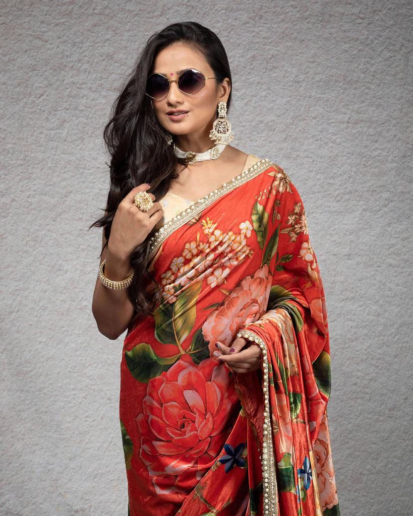 Blood Red And Pink Floral Pattern Digital Print Premium Velvet Saree With Zari Sequins Pearl Work Lace Border