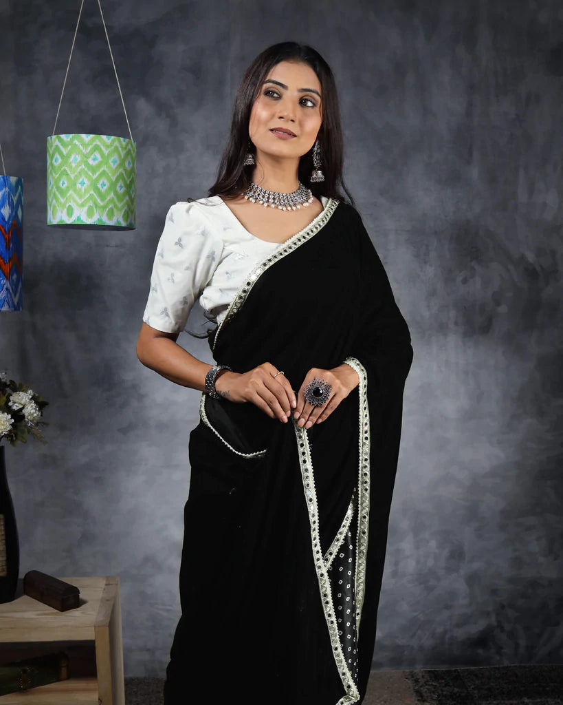 Black Half Digital Print Velvet Saree With Mirror Work Lace Border