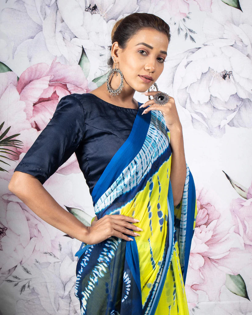 Bumblebee Yellow And Blue Shibori Pattern Digital Print Chiffon Saree