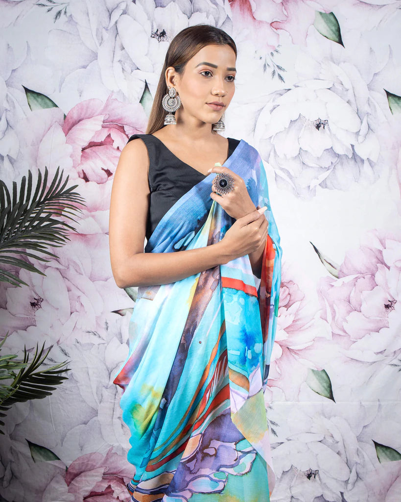 Sky Blue And Orange Abstract Pattern Digital Print Chiffon Saree