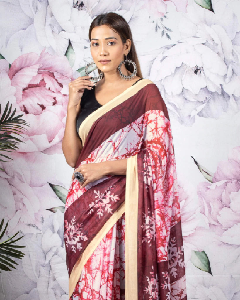 Maroon And White Floral Pattern Digital Print Chiffon Saree