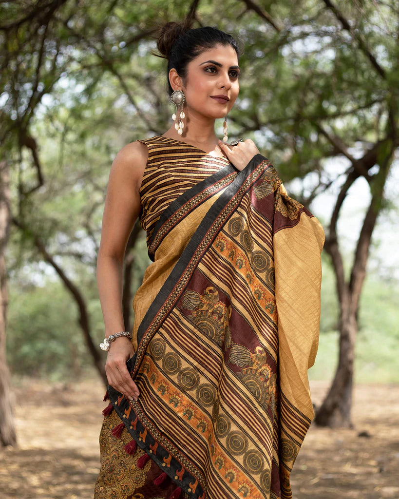 Tussock Brown And Chocolate Brown Madhuvanii Pattern Digital Print Art Tusser Silk Saree With Tassels