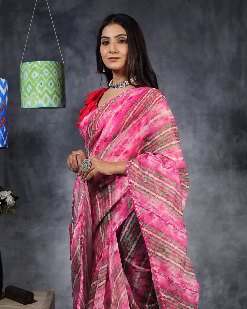 Pink And Green Leheriya Pattern Organza Saree With Gota Patti Lace Border