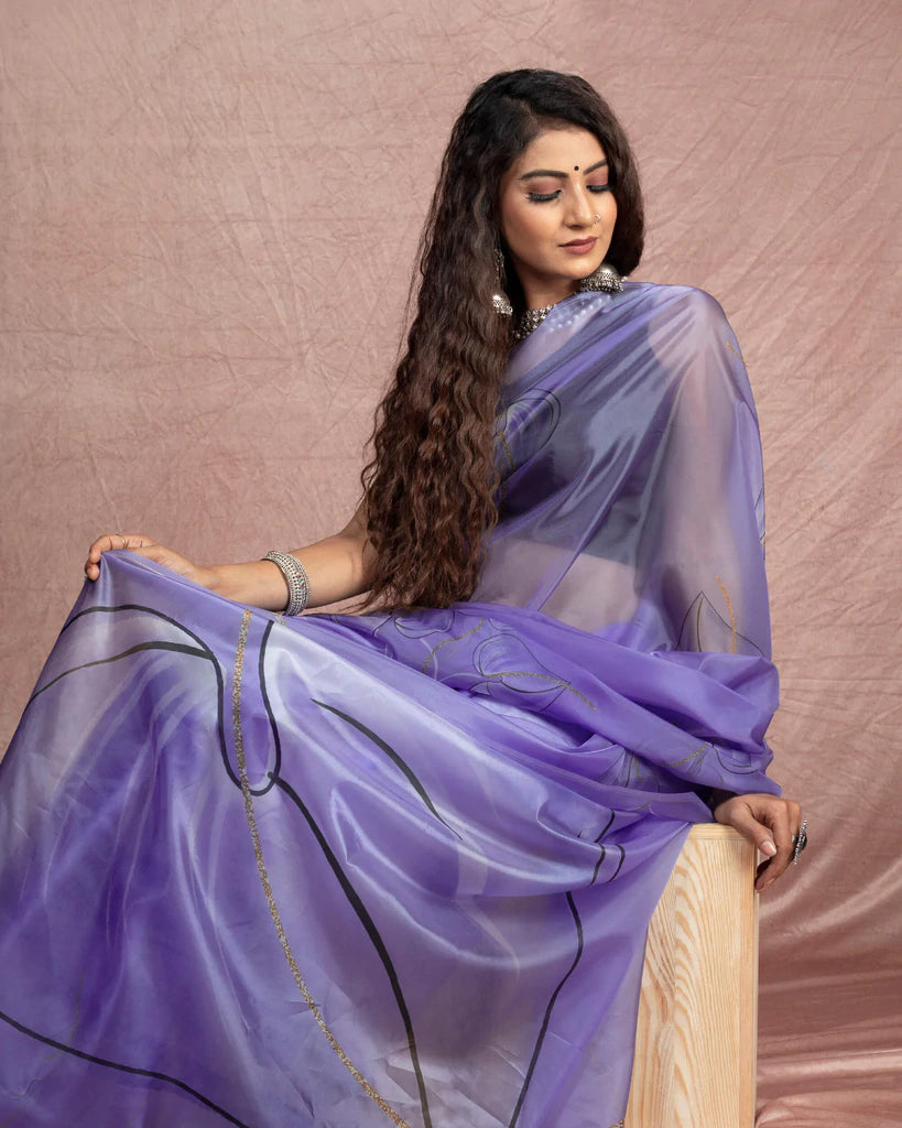 Royal Purple And Black Leaf Pattern Organza Saree