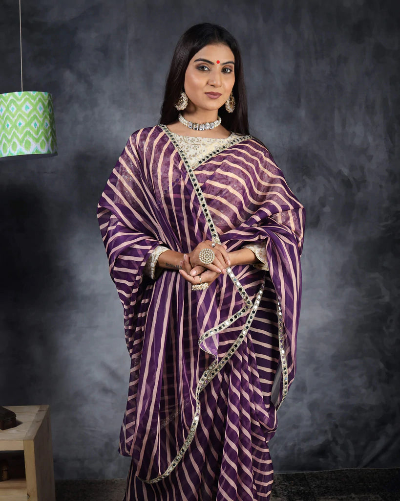 Grape Purple And Beige Leheriya Pattern Organza Saree With Mirror Work Lace Border