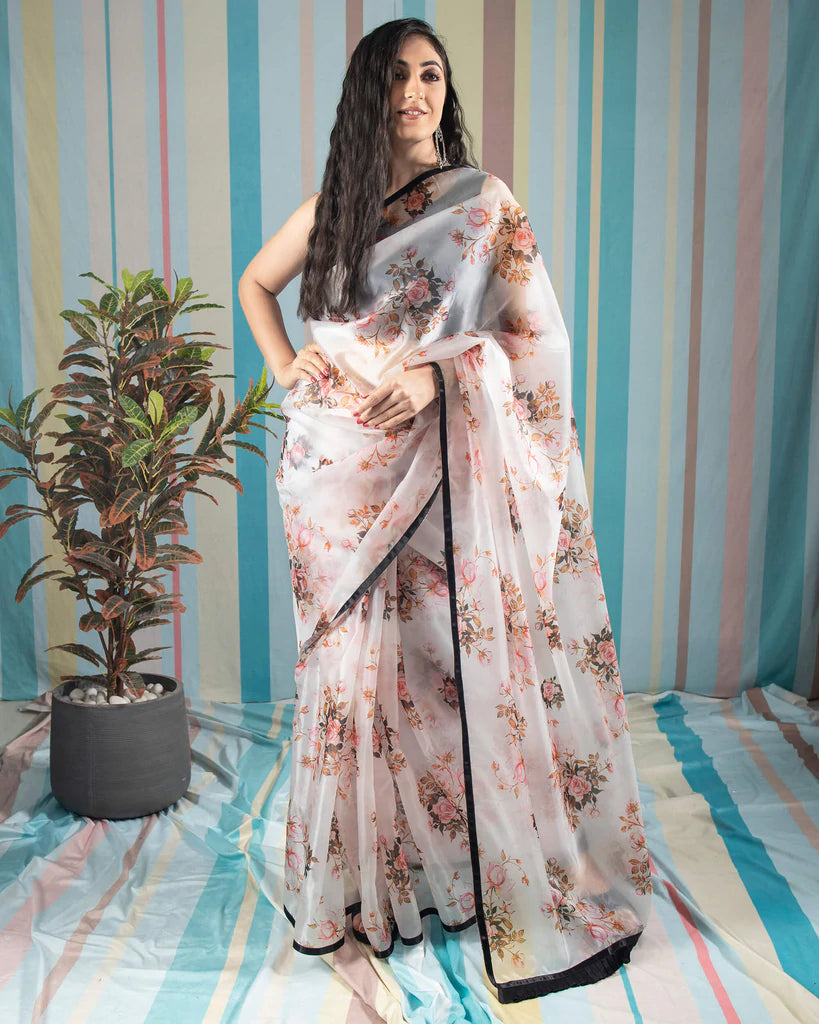White And Taffy Pink Floral Pattern Liquid Organza Saree With Satin Bo –  Fabcurate