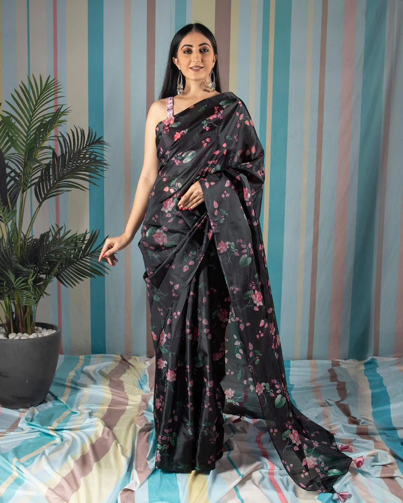 Black And Pink Floral Pattern Liquid Organza Saree With Tassels