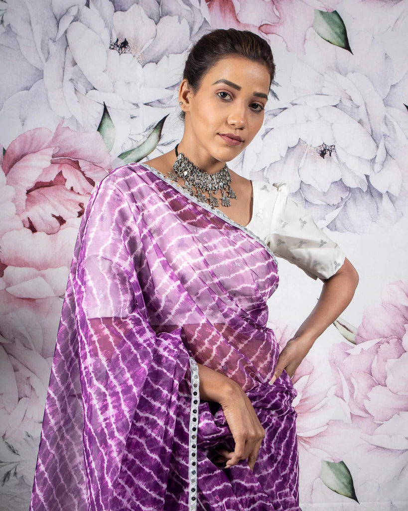 Eggplant Purple And White Shibori Pattern Organza Saree With Mirror Work Lace Border