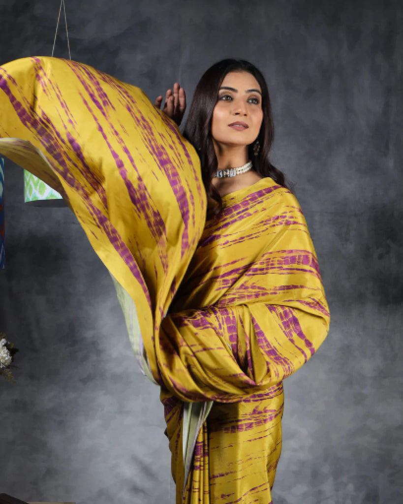 Dijon Yellow And Purple Shibori Pattern Digital Print Crepe Silk Saree With Tassels