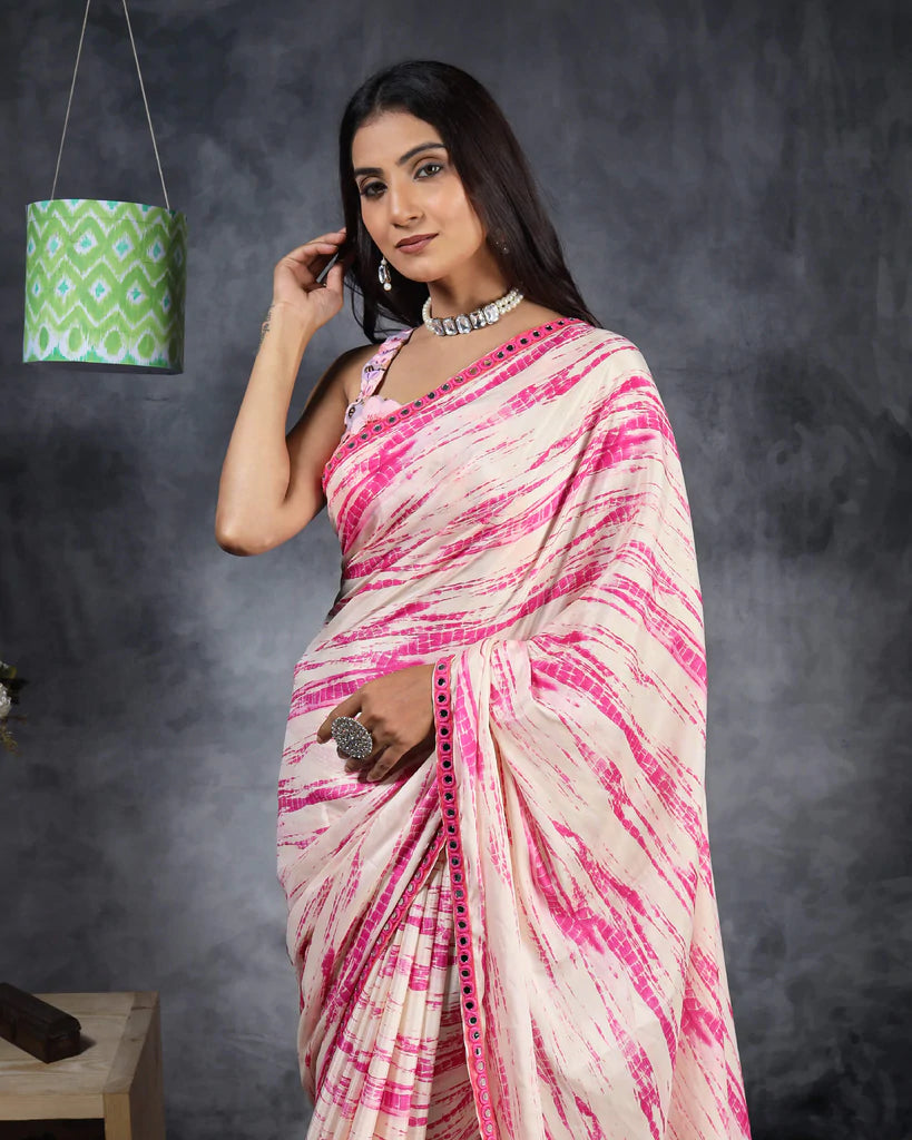 Cream And Hot Pink Shibori Pattern Digital Print Flat Silk Saree With Mirror Work Lace Border