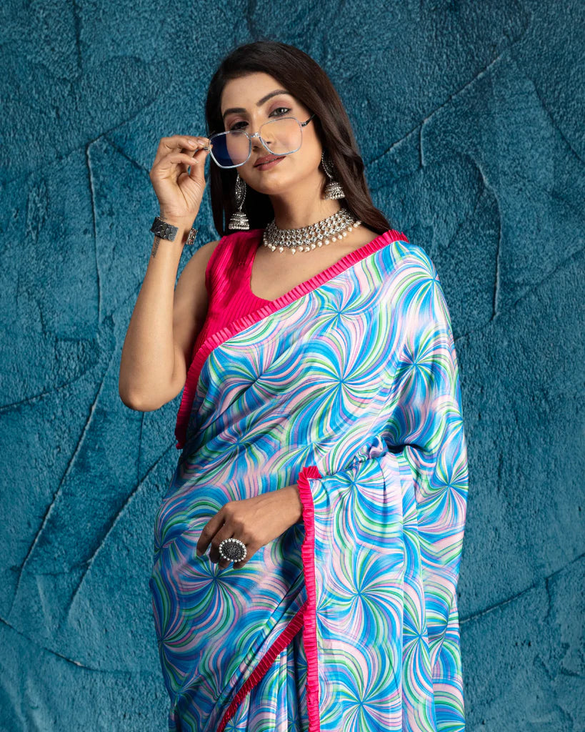 Blue And Blush Pink Abstract Pattern Digital Print Crepe Silk Saree With Satin Border