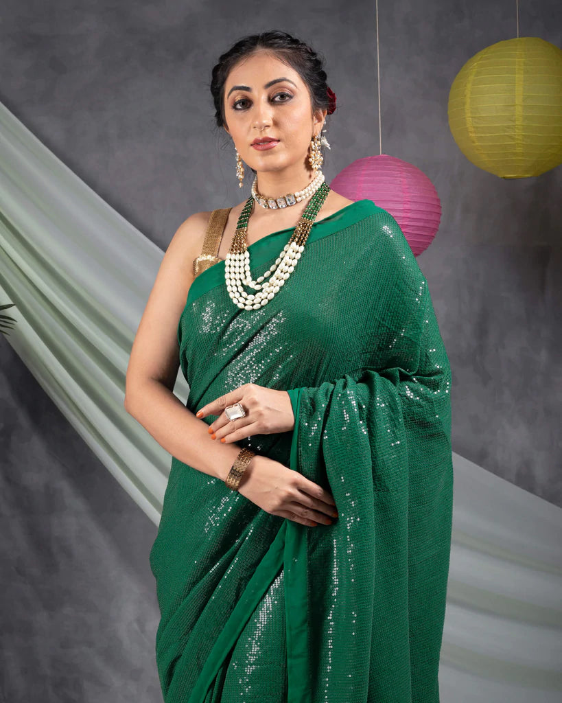 Sacramento Green All Over Premium Water Sequins Georgette Saree