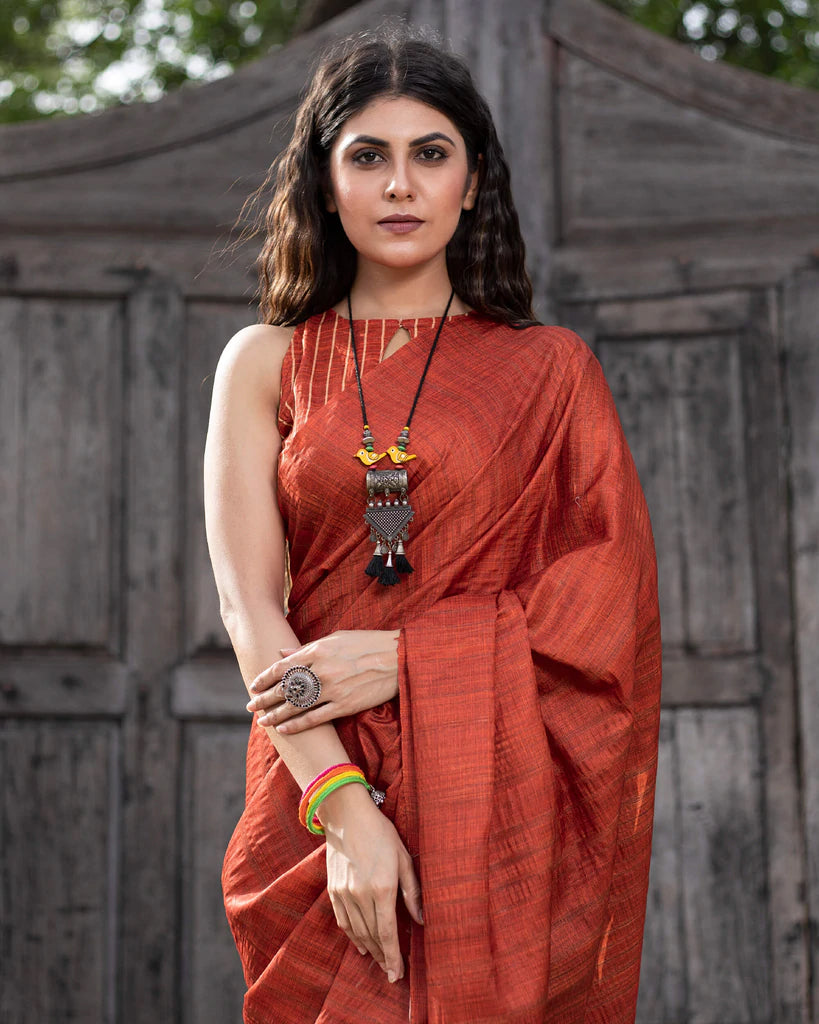 Brick Red And Umber Brown Ombre Pattern Digital Print Art Tusser Silk Saree With Tassels