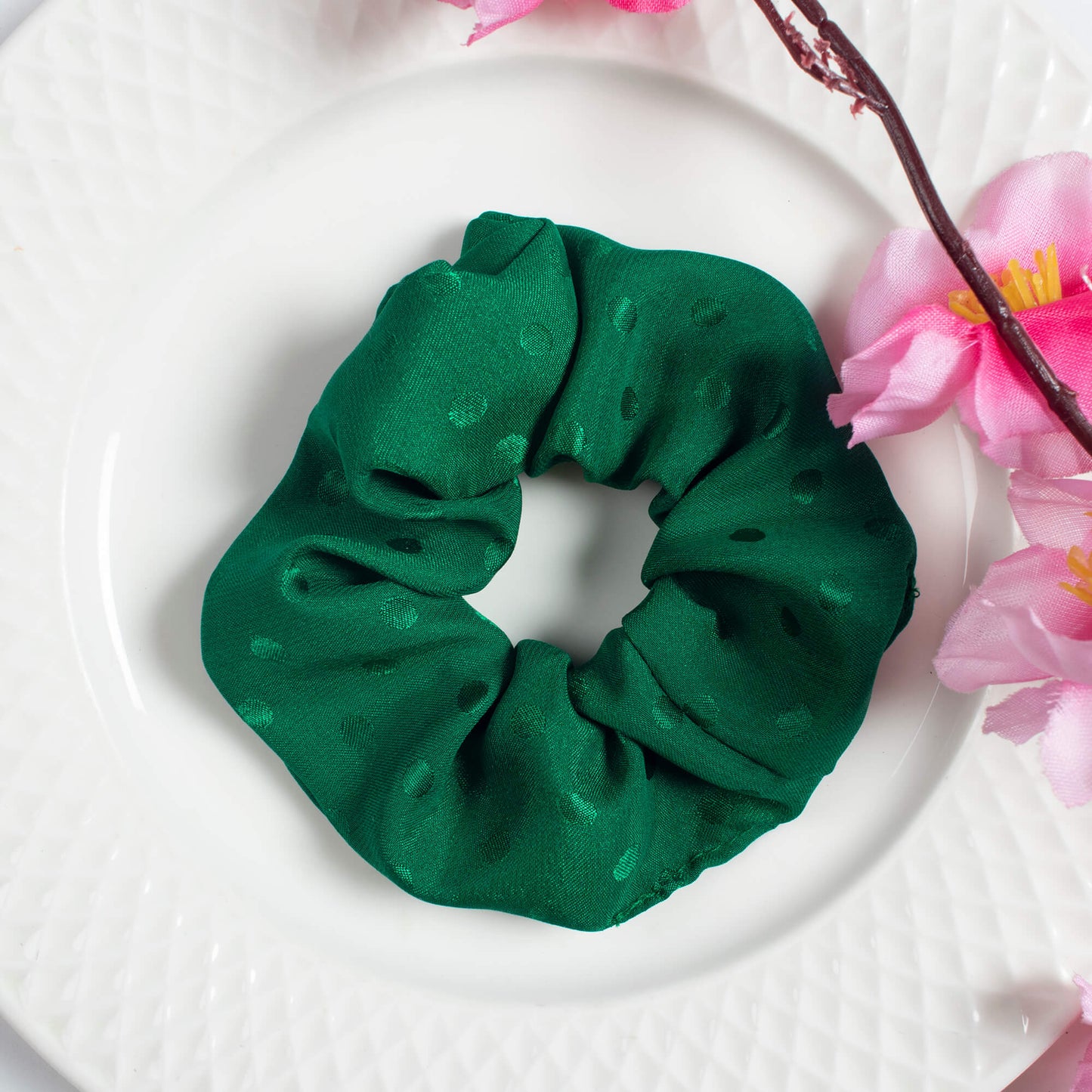 Sacramento Green Plain Booti Satin Handmade Scrunchie