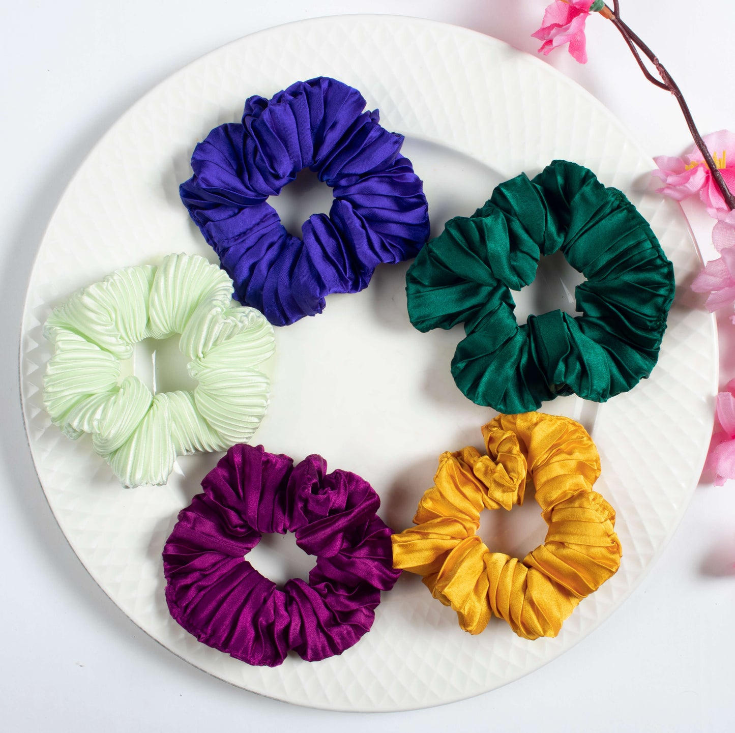 Pack Of 5 Plain Pleated Satin Handmade Scrunchies