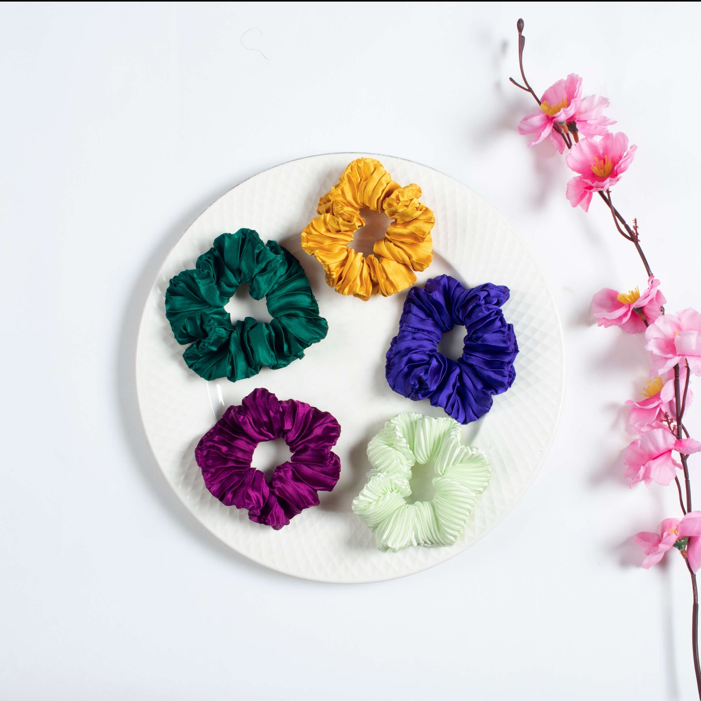 Pack Of 5 Plain Pleated Satin Handmade Scrunchies